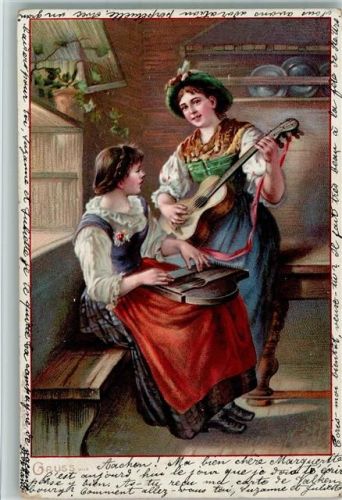 Frauen in der Bauernstube spieln Gitarre und Zither - Litho Trachten 1899 AK