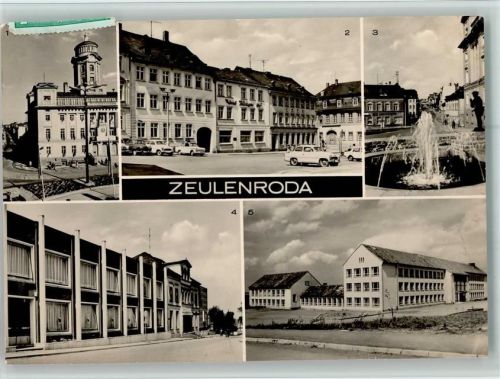 Zeulenroda Rathaus HO-Hotel Thüringer Hof am Markt Karpfenpfeiferbrunnen Kulturhaus Deutsch-Sowjetischee Freundschaft Hubert-Westhoff-Oberschule