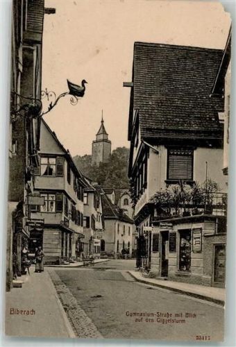 Biberach 1915 Gymnasium-Straße m. Blick auf den Giggelsturm Eckschaden