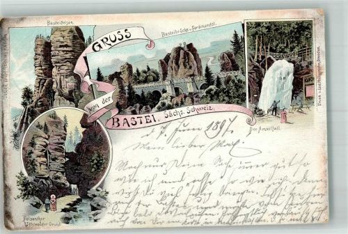 Bastei 1897 Lithographie Basteifelsen Basteibrücke Amselfall Felsentor Uttewalder Grund