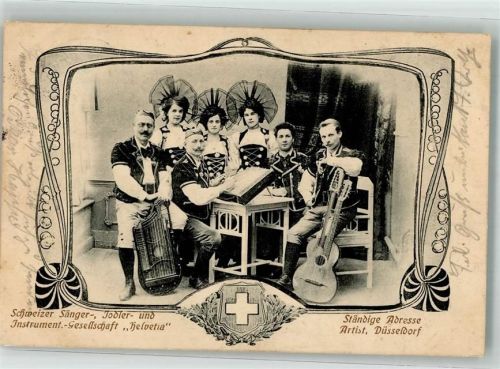 1911 Musikgruppe Jodler und Instrument Ges. Helvetia Kontragitarre Trachten Jugendstil
