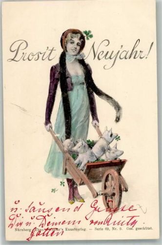 Neujahr Frau Schubkarre mit Ferkel, sign. T. Zahl Ströfer Serie 69 Nr. 9 + Adelskorrespondenz Schwein Künstlerkarte