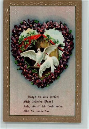 1908 Poesie Spruch - Taubenhaus, Herz aus Veilchen AK