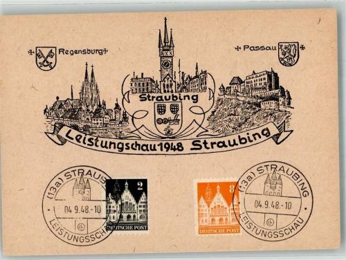 Straubing 1948 Leistungschau 1948 Straubing Stadtwappen Regensburg und Passau Sonderstemel