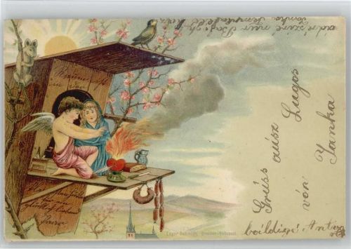 1900 Engel a.d. Vogelkasten mit brennenden Herzen AK