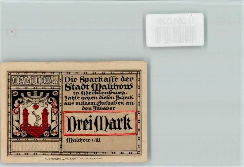 Malchow Notgeldschein 3 Mark Wappen Landkarte