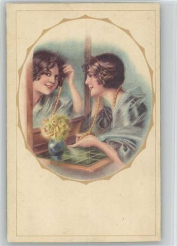 Glamour Frau - Perlenkette - Spiegel - 1918 AK