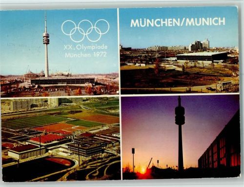 München XX. Olympiade Oberwiesenfeld Olympiaturm Olympisches Dorf Stadien 4-Bildaufnahme