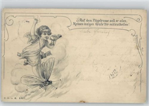 1899 AK Amor Engel mit Posthorn fliegt mit einem Schmetterling