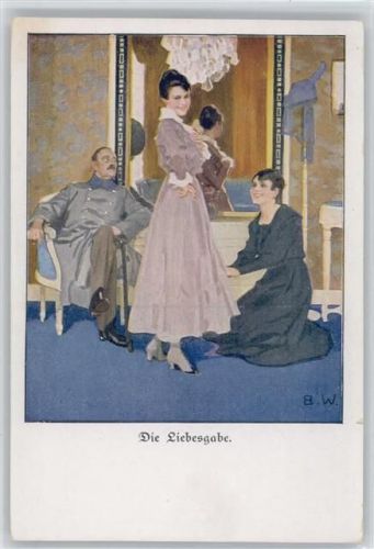 Kriegspostkarte der lustigen Blätter Nr. 10 - "Die Liebesgabe" Frau kauft sicht ein Kleid, der Soldat schaut zu