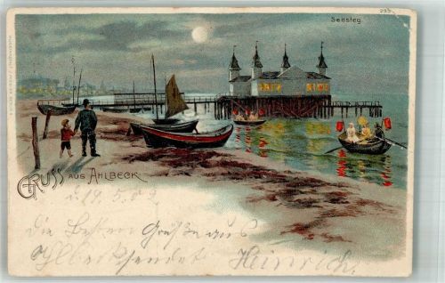 Ahlbeck 1902 Lithographie Seesteg bei Nacht
