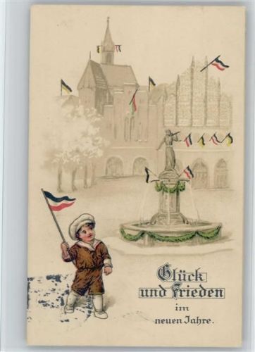 Kinder mit einer Fahne , Brunnen und Häuser mit Fahnen geschmückt - Neujahr
