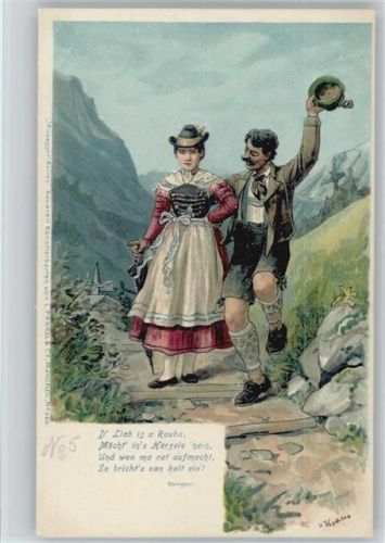 Mann begleitet Frau in Tracht sign. Kraus