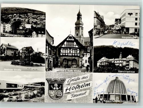 Hofheim Teilansicht Mainzer Straße Gymnasium am Rosenberg Rathaus Kath. Kirche Hauptstraße Exerzitienhaus Baha'i-Tempel Langenhain