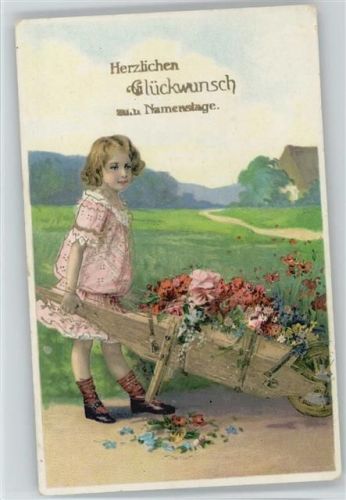 1915 Mädchen mit einer Schubkarre voll Blumen , Golddruck