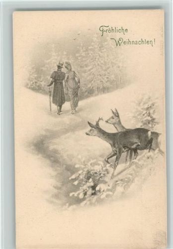 1900 M.M. Vienne - Weihnachten, Winterlandschaft mit Rehe und Liebespaar