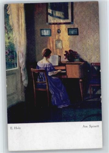 sign E. Holz - Biedermeier Frau am Spinett - Moderne Meister Nr. 140 AK