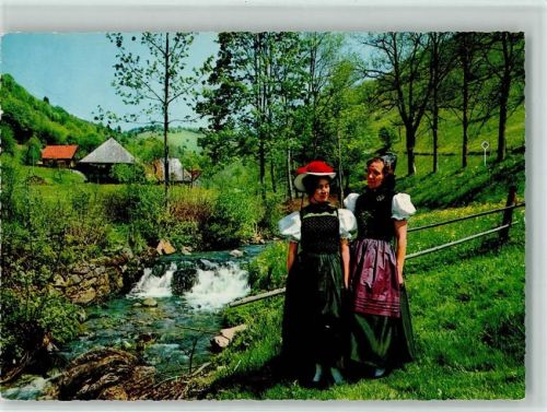 Schwarzwaldhaus und Frauen am Bach