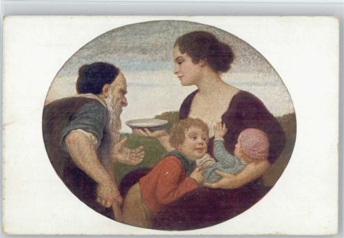 Menschenliebe - Bettler bekommt Suppe, Mutter mit Baby