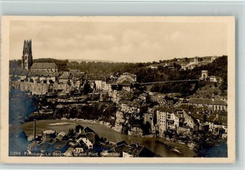 Fribourg 1913 La Sarine et Grand Pont Suspendu