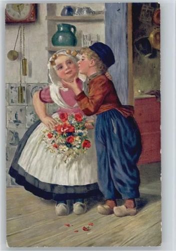 T.S.N. Serie 1017 - Holland - Trachten Kinder mit Holzschuhe- Der Kuss - Bauernstube