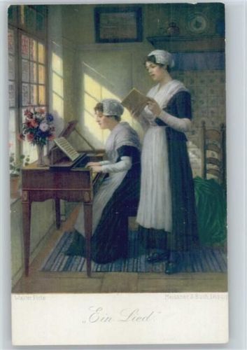 Zwei Frauen am Spinett, Noten lesen - Meissner & Buch Serie 2608 - sign Firle "Ein Lied" Trachten