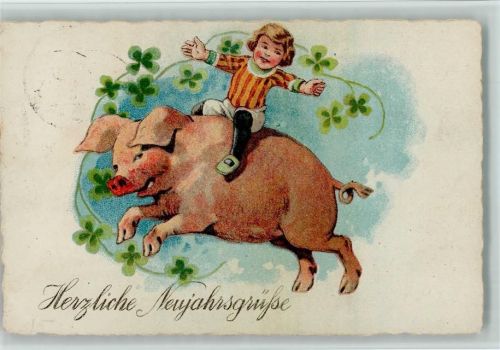 Kind reitet auf einem Schwein - Neujahr ca 1931 AK