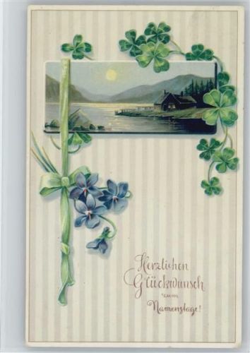 1913 Hütte am Wasser der Mond scheint, Glücksklee und Veilchen