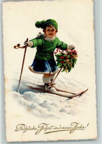 Neujahr - Mädchen mit Ski, und Stechpalme 1936 AK