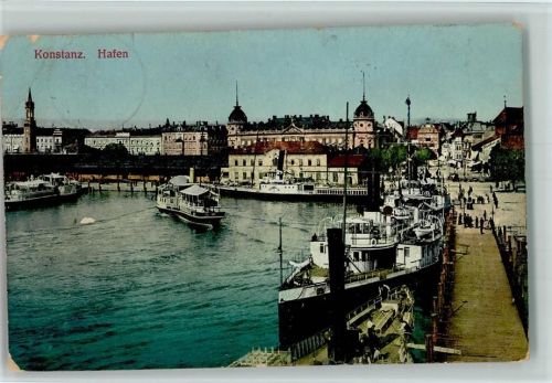 Konstanz 1910 Hafen mit Dampfern AK
