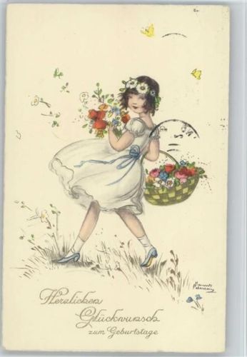 Geburtstag - Mädchen mit Blumenkorb - Blumenkranz im Haar -