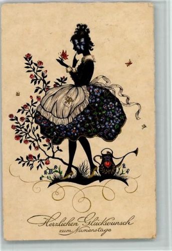 Buntes Schattenbild - schöne Künstlerkarte - Blumen, Gießkanne 1930 AK