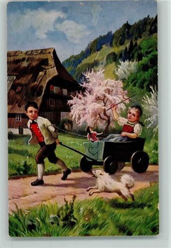 aus dem Schwarzwald - Kinder spielen mit einer Puppenkarre - Trachten