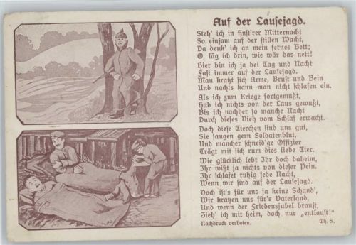 Auf der Lausejagd - Läuse - Gedicht - Soldaten im Bett beim Kratzen