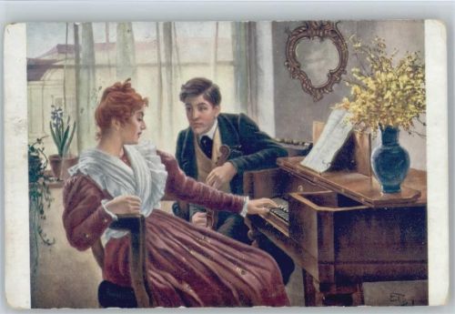 1915 sign Zewy - "Der Anfang eines Romanes" Klavierlehrer mit Geige unterrichtet schöne Frau