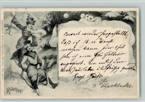 1902 Rodelheil, Frauen werfen Schneebälle gegen den Schneemann werfen