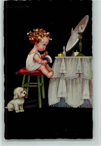 Serie 1900-1 - Kind am Frisiertisch mit Puderquaste und Lippenstift