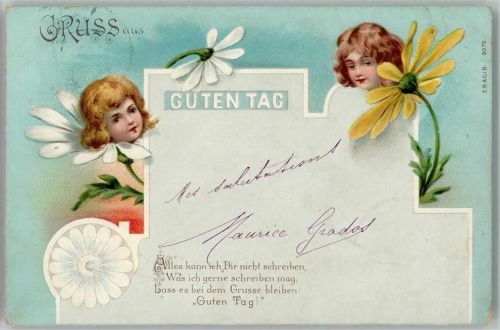 Gruss aus - Guten Tag - Kinderköpfe in Blüten, litho 1900 AK Phantasie , Jugendstil