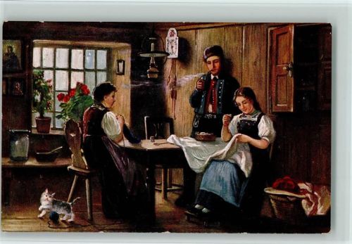 Nr. 53450-1 Schwarzwaldhaus Bauernstube, Frauen nähen, stricken