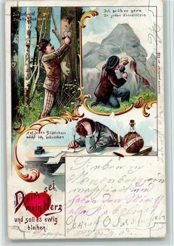 1900 Dein sei mein Herz, Liebe, Herz in den Baum ritzen, Liebesbrief schreiben, Tintenfass, Flasche mit Tinte