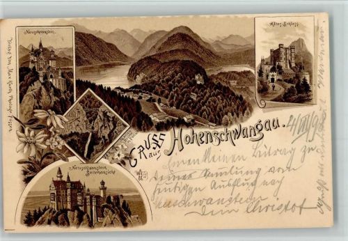 Hohenschwangau 1898 Gruss aus - Schloß Neuschwanstein und Teilansicht mit See AK