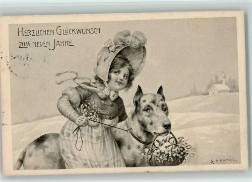 T.S.N. Serie 310 Nr. 3 , sign Kratki - Neujahr, Mädchen mit einem Hund