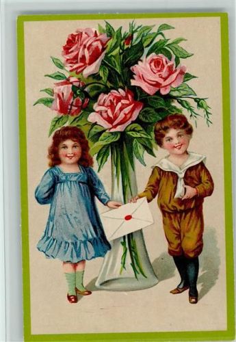 Serie 273 - Kinder mit einem Brief und einer Blumenvase , litho