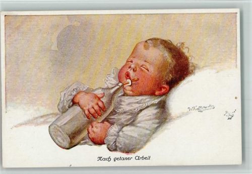 Serie - Baby mit einer Milchflasche , Nach getaner Arbeit AK Fialkowska, W.