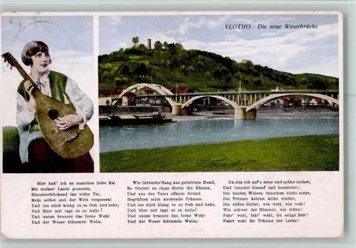 Vlotho 1931 Weserbrücke und Weserlied, Frau mit einer Laute AK