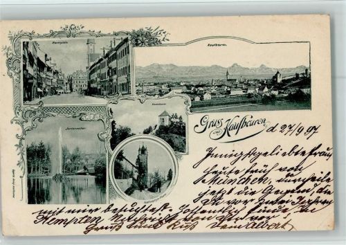 Kaufbeuren 1897 Gruss aus - Marktplatz, Jordanweiher mit Fontaine, Fünfköpfiger Turm AK