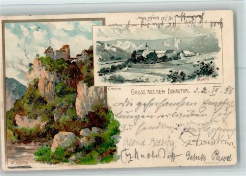 Beuron 1898 Gruss aus - Burg und Kloster - sign K. Mutter - Stempelspur