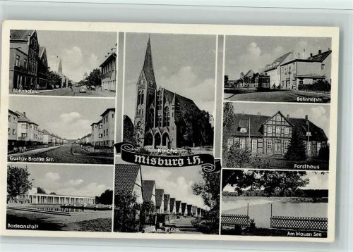 Misburg 1959 Kirche, Forsthaus, Bahnhofstr., Schwimmbad, gute Erhaltung AK