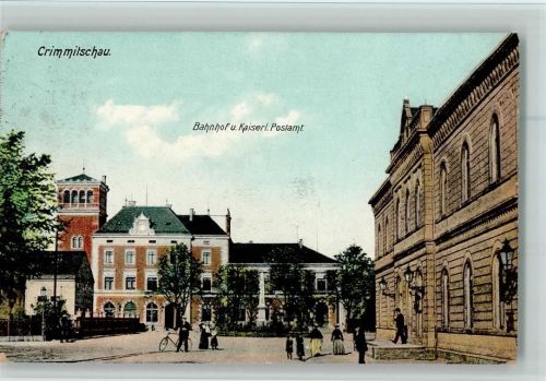 Crimmitschau 1912 Bahnhof und Kaiserl. Postamt, Fahrrad , gute Erhaltung AK Heliocolorkarte Ottmar Zieher