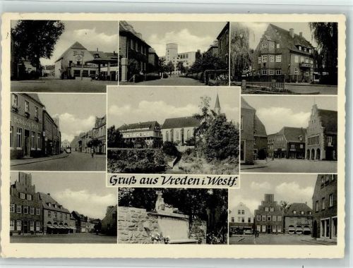 Vreden 1958 Tankstelle, Hotel zur Post, Kriegerdenkmal, Straßen, gute Erhaltung AK
